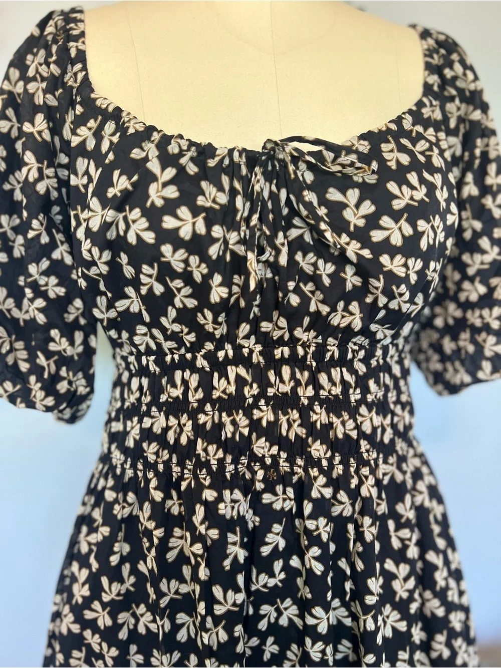 Tory Burch Little Leaves Smocked Midi Beach Dress Black White Cotton S